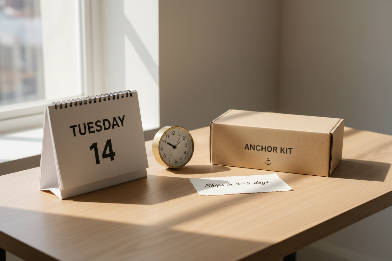 A clean wooden desk with a minimalist calendar open to a weekday (e.g., Tuesday), a small analog clock showing mid-morning, and an unopened Anchor Kit box beside a handwritten note that reads “Ships in 3–5 days.” Soft natural light, warm neutral tones. Style: calm anticipation, organized, reliable.