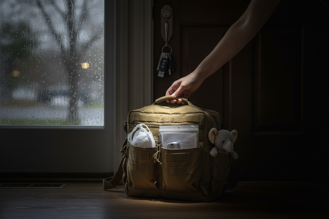 A dimly lit hallway at 2 a.m., soft glow from a phone flashlight: a woman’s hand reaches for an earth-toned Anchor Kit Go-Bag standing upright by the front door. The bag is slightly open, revealing neatly organized compartments—N95 masks, a compact water filter, a sealed document sleeve, and a small stuffed animal peeking out. Rain streaks a window nearby; car keys dangle from the doorknob. Moody but calm atmosphere, shallow depth of field. Style: cinematic realism, emotional preparedness, quiet urgency