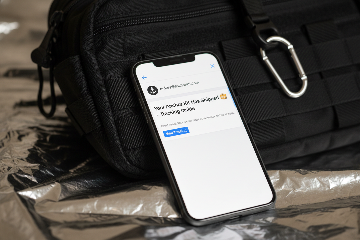 A smartphone screen showing a clean email notification from “orders@anchorkit.com” with the subject line: “Your Anchor Kit Has Shipped 📦 – Tracking Inside.” The phone rests on a folded emergency blanket, with the Go-Bag in soft focus behind it. Style: digital reassurance, seamless communication, modern readiness.